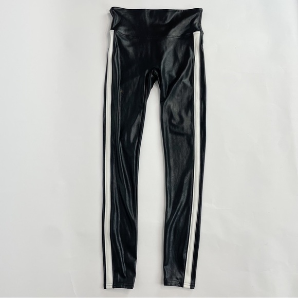 SPANX Faux Leather Side Stripe Leggings Size Small BLACK with WHITE Stripe - Picture 1 of 12